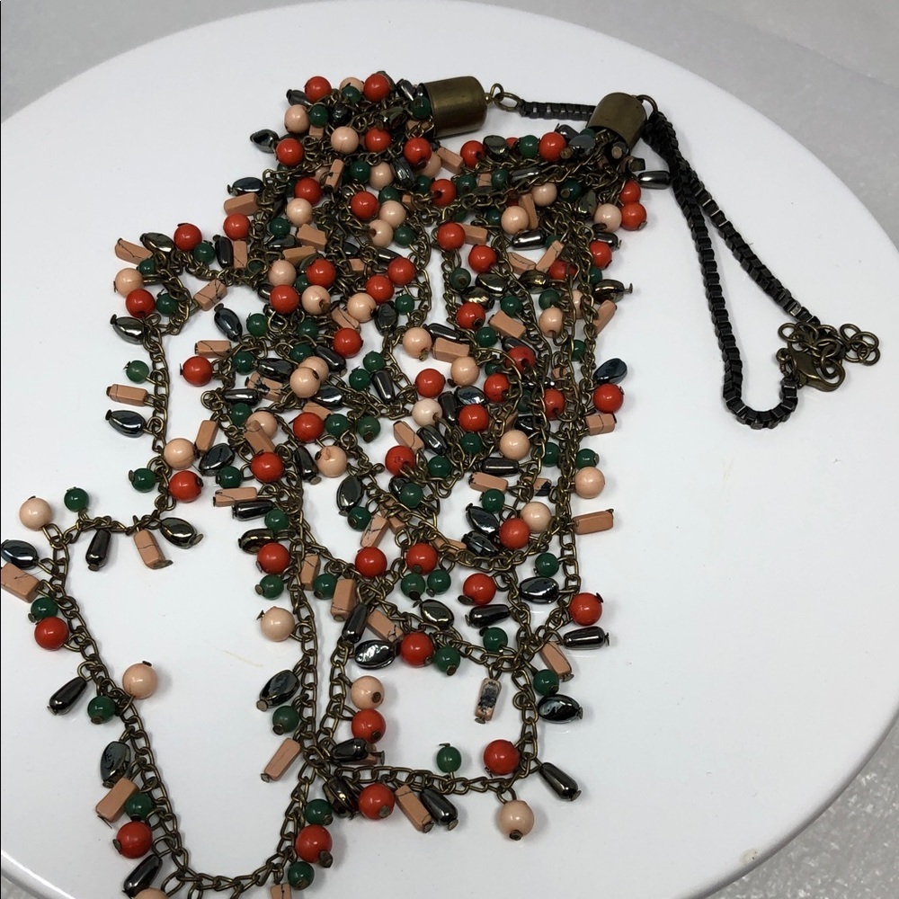 Bohemian Four Strand Coral and Peach Beaded Necklace Lobster Claw Clasp - Picture 6 of 8